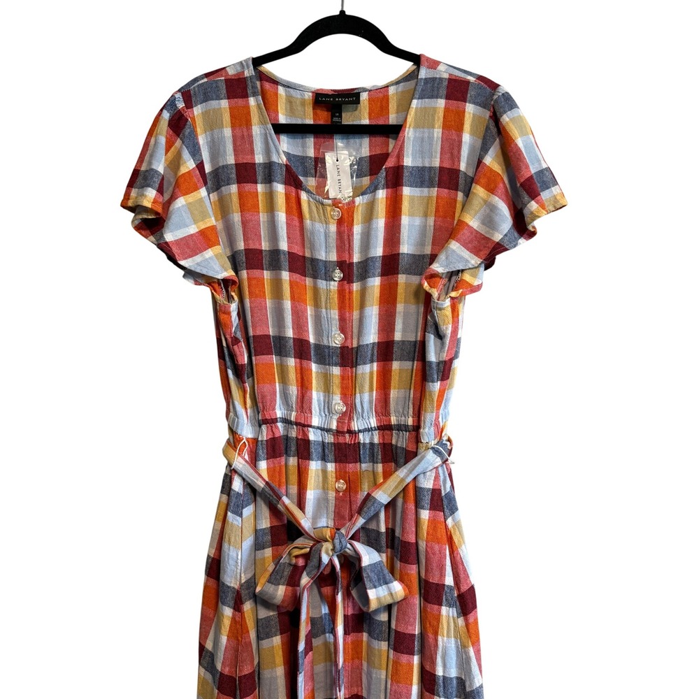 Lane Bryant Plaid Linen Blend Midi Dress Tie Waist Button Front NWT Size 18 - Picture 6 of 14